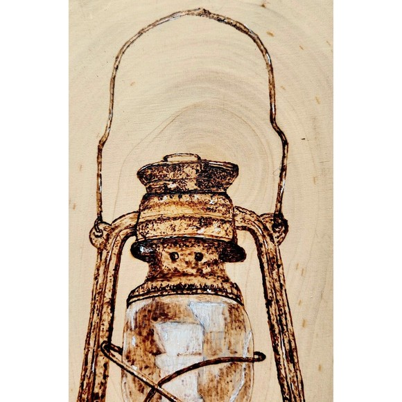 Lantern Wood Burned Pyrography Raw Edge Wood Slab Hand Crafted 15x9 - Picture 3 of 5